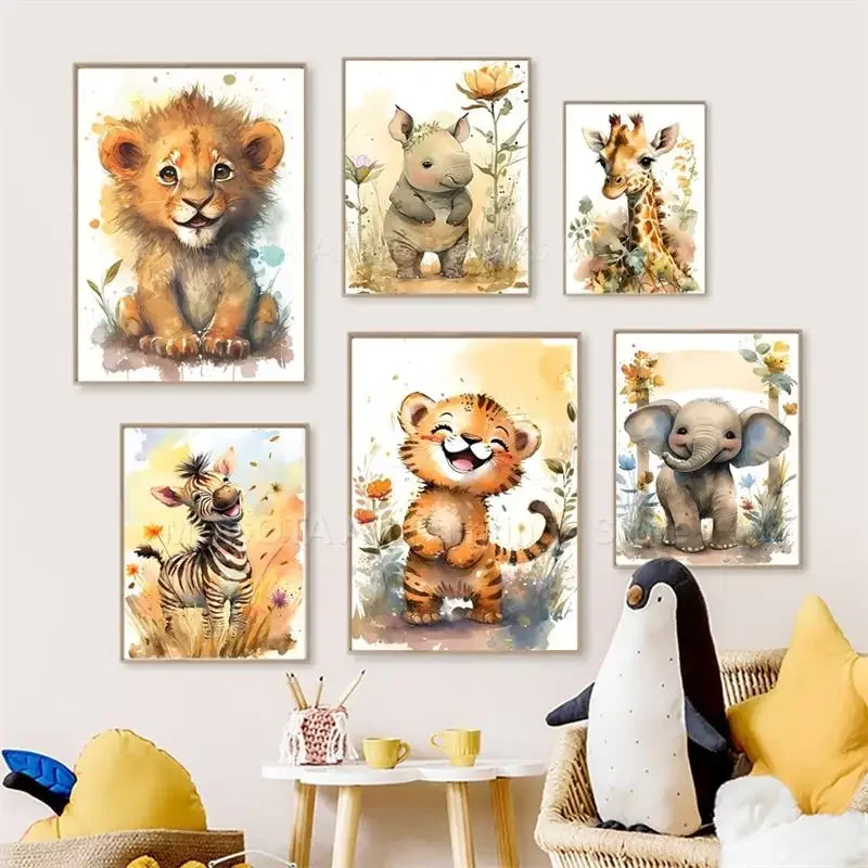 Baby Zebra Nursery - Akwarelowe Lwy Żyrafy Tygrysy Słonie Zebry